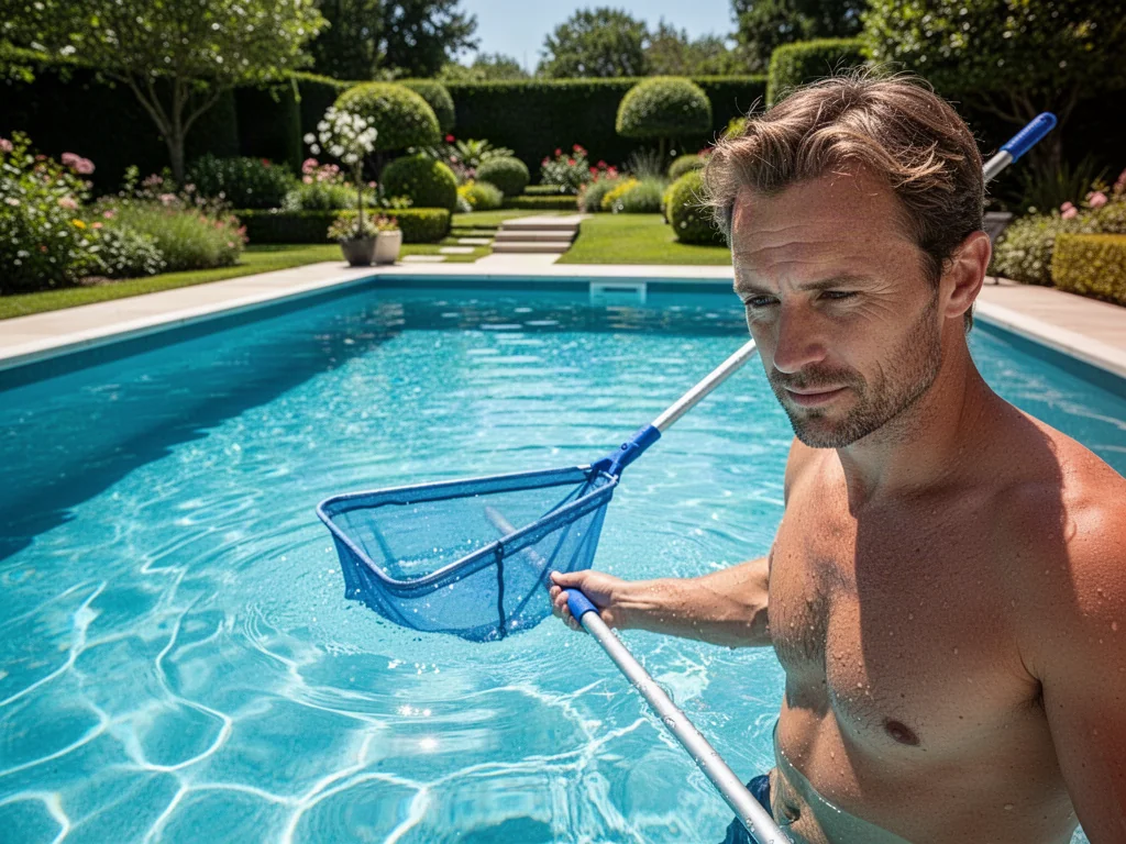 Mężczyzna czyści siatką basen z krystalicznie czystą wodą w słonecznym ogrodzie.